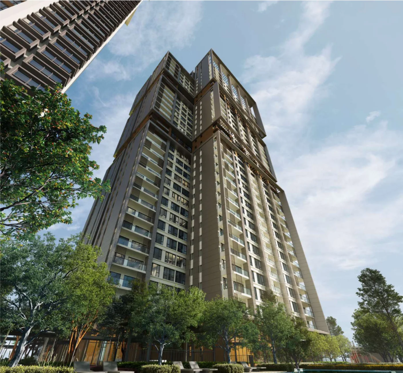 Enlace Suites II tower rising above a landscaped pool deck, artist's impression