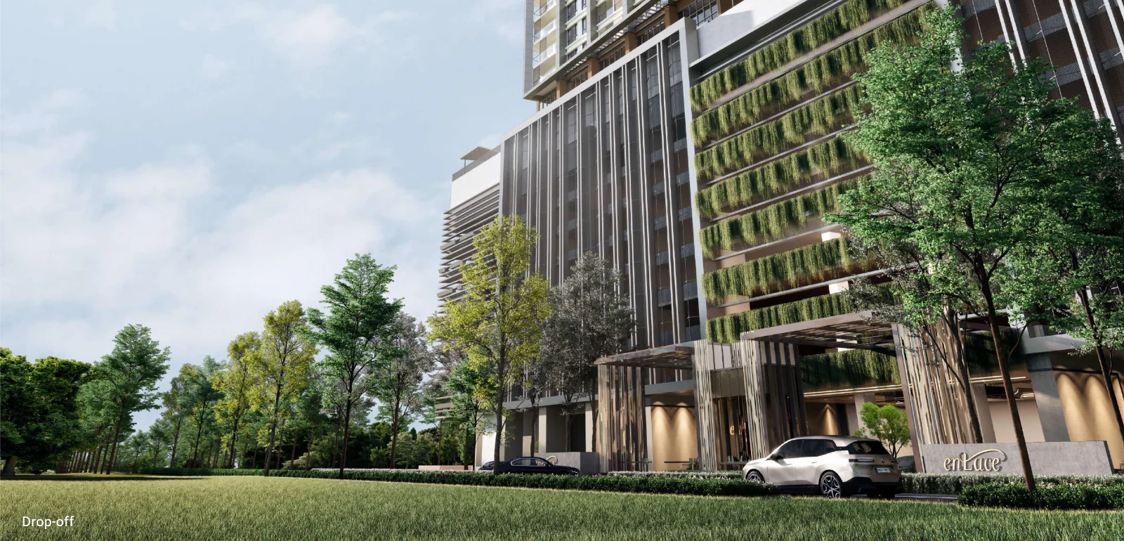 Enlace Suites II drop-off beside the landscaped lawn, artist's impression