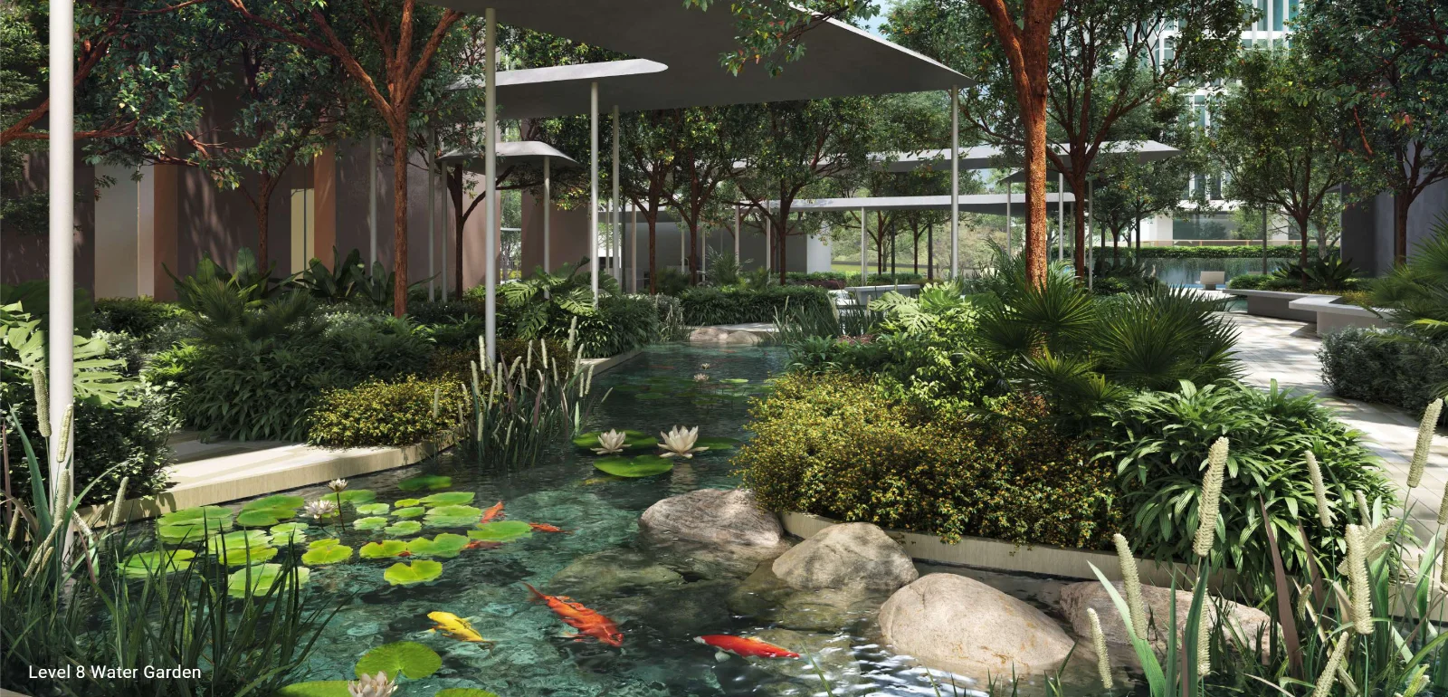 Enlace Suites II water garden with a lily pond on Level 8, artist's impression