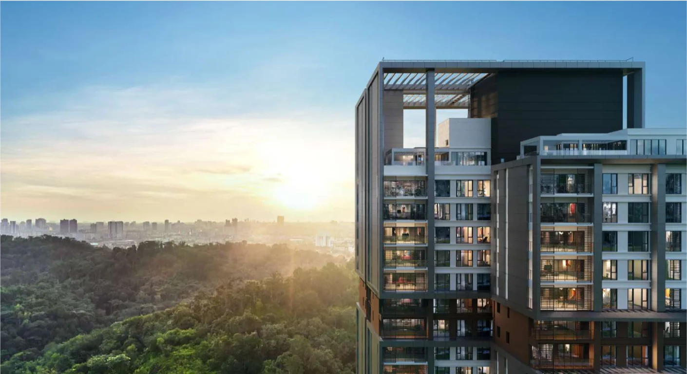 Enlace Suites II tower beside the Bukit Kerinchi forest reserve at sunrise, artist's impression