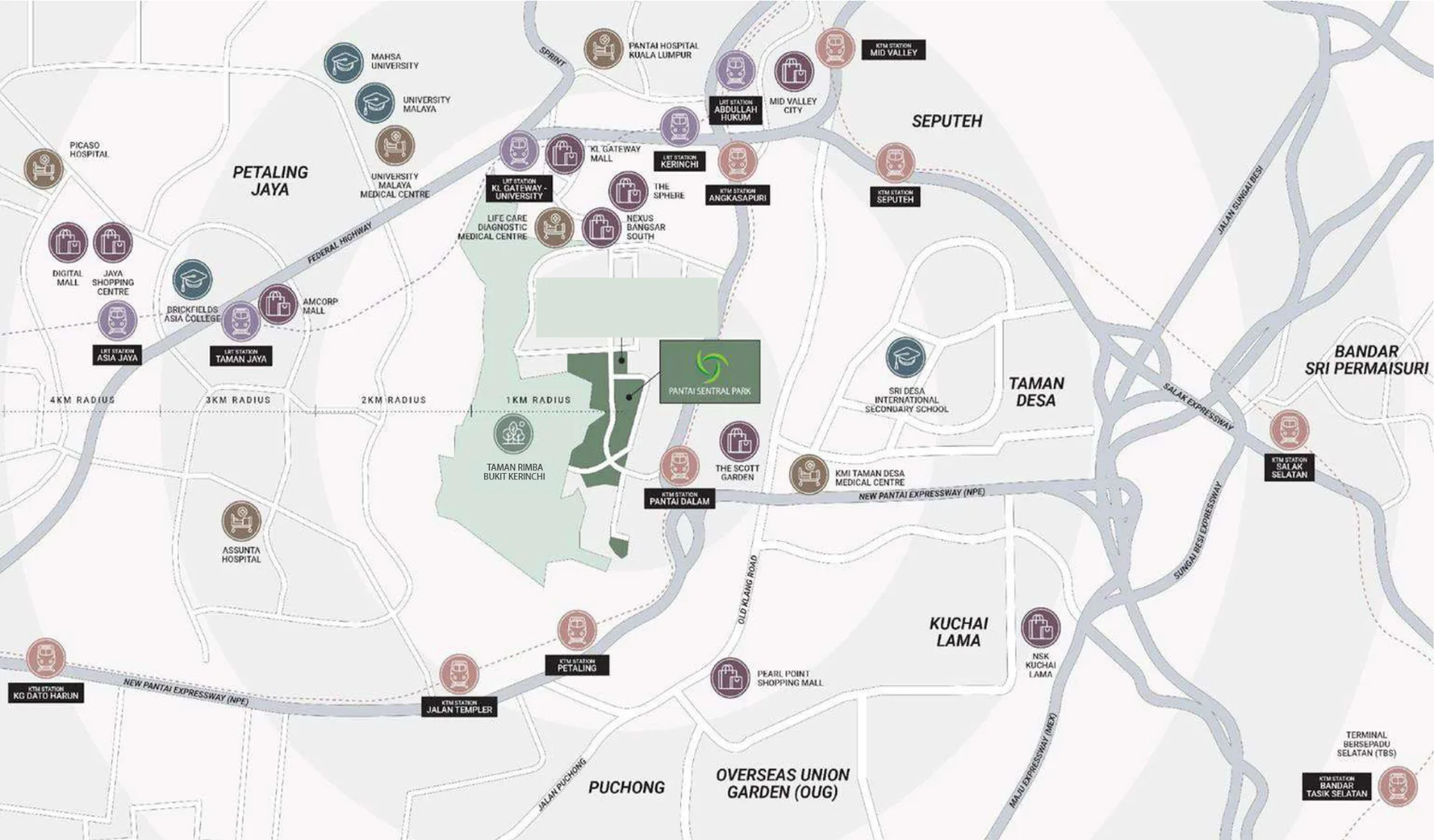 Amenities map of Pantai Sentral Park with LRT, KTM and highways, malls, schools and hospitals around it