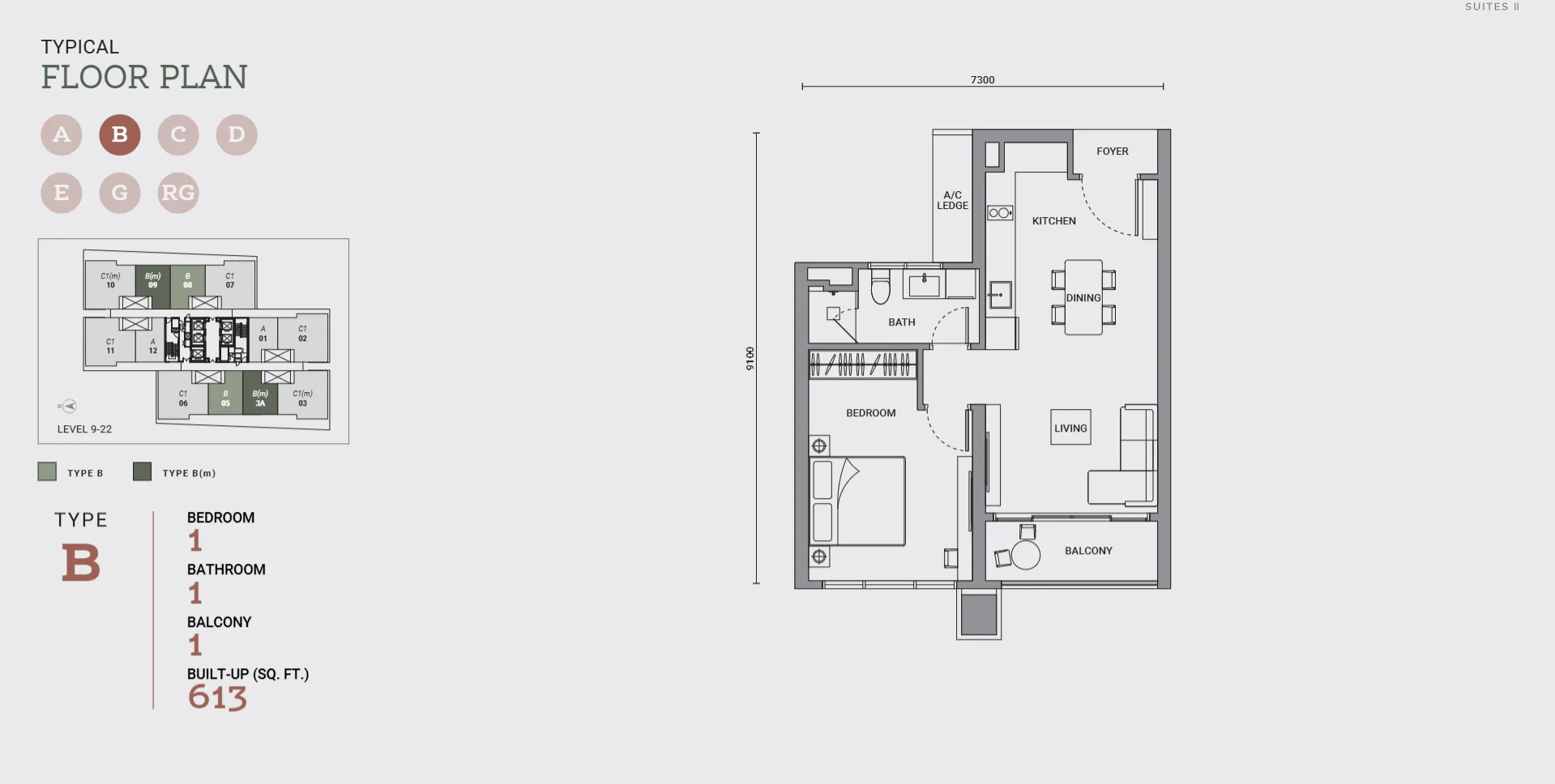 Enlace Suites II floor plan Type B, 613 sq ft, 1 bed, 1 bath