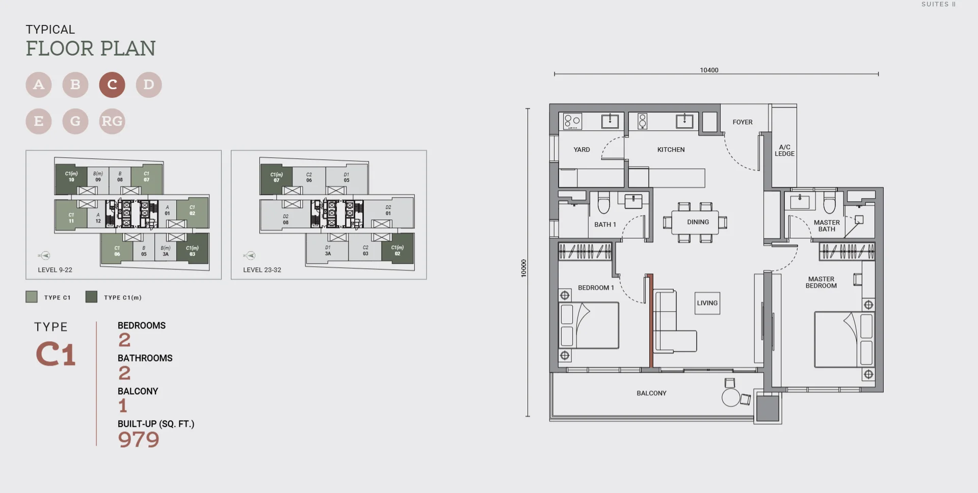 Enlace Suites II floor plan Type C1, 979 sq ft, 2 bed, 2 bath