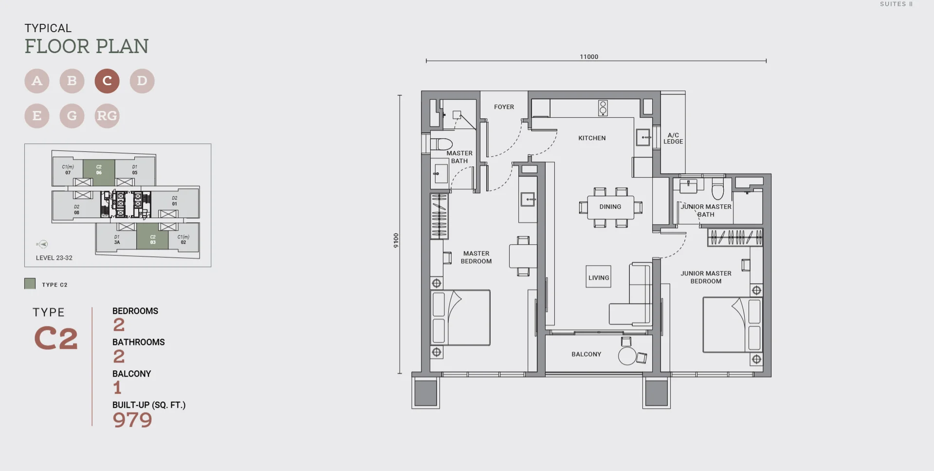 Enlace Suites II floor plan Type C2, 979 sq ft, 2 bed, 2 bath