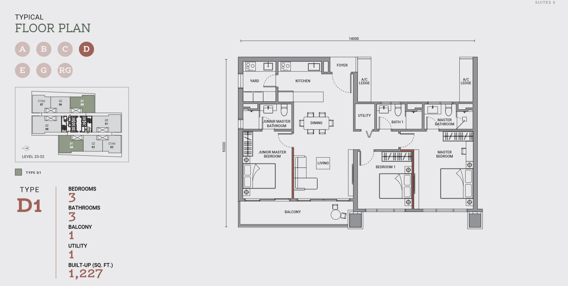 Enlace Suites II floor plan Type D1, 1,227 sq ft, 3 bed, 3 bath