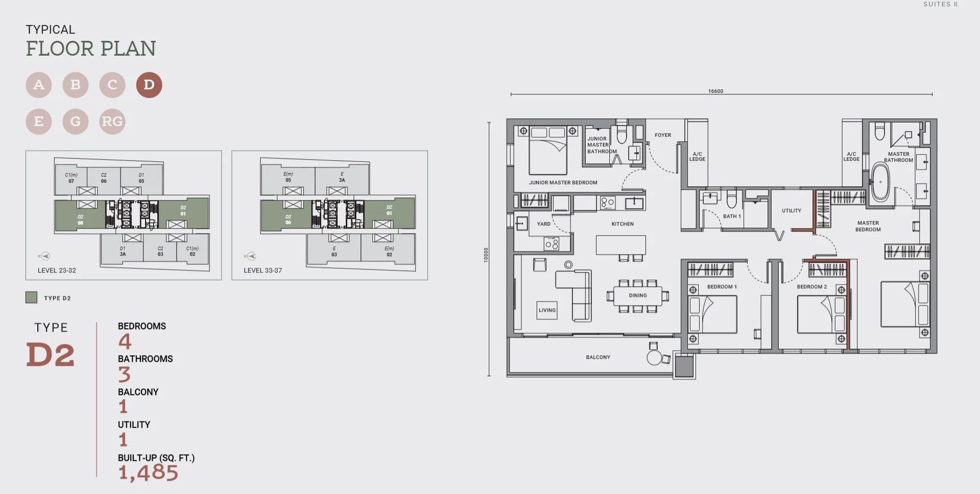 Enlace Suites II floor plan Type D2, 1,485 sq ft, 4 bed, 3 bath