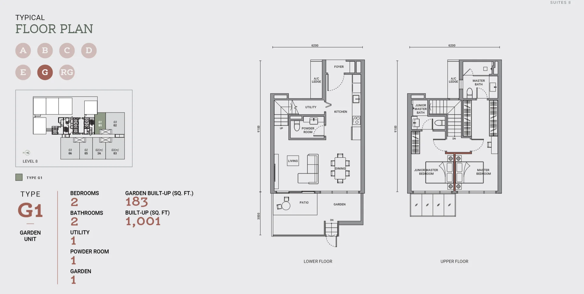 Enlace Suites II floor plan Type G1, 1,001 sq ft, 2 bed garden duplex