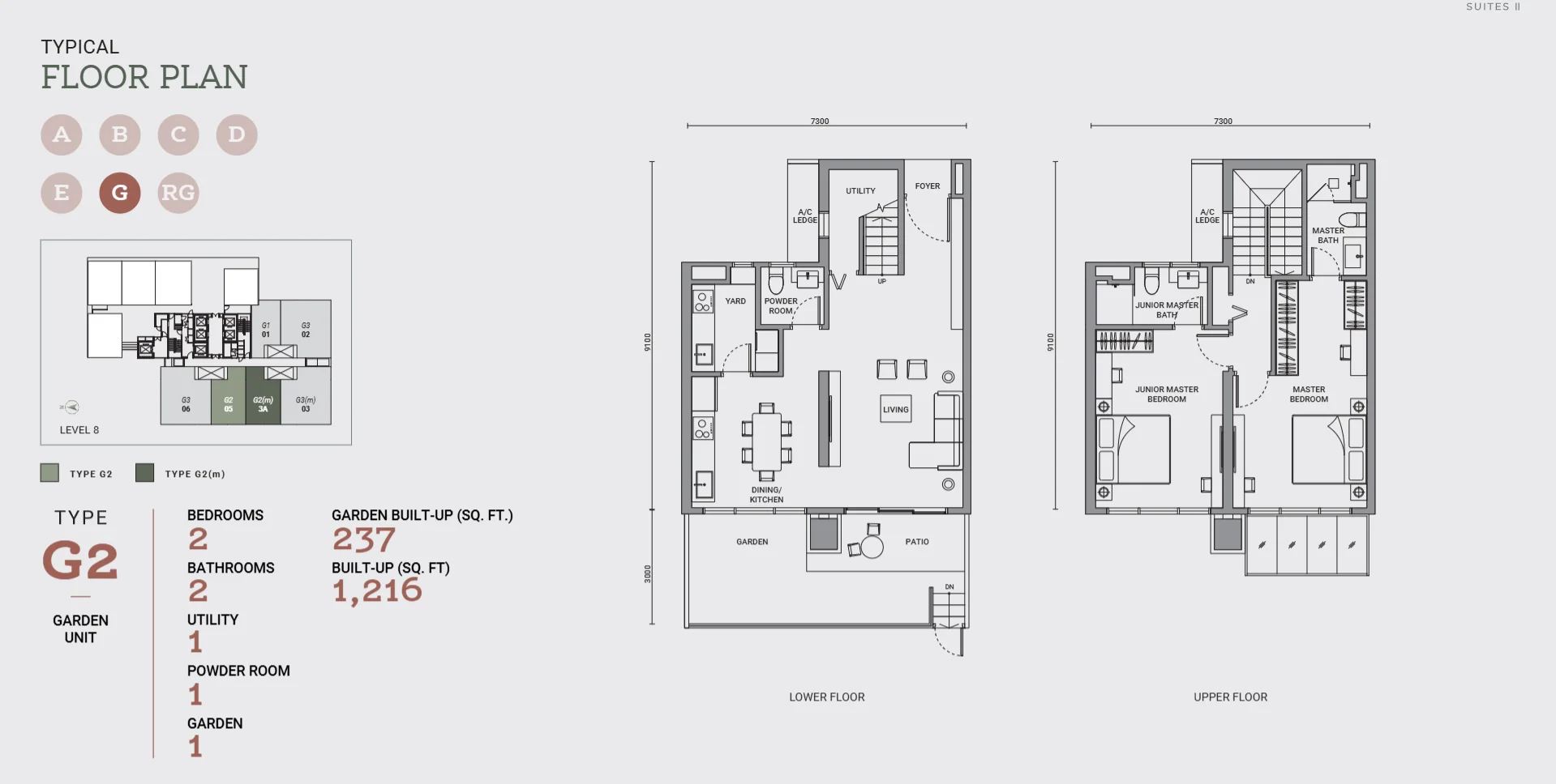 Enlace Suites II floor plan Type G2, 1,216 sq ft, 2 bed garden duplex