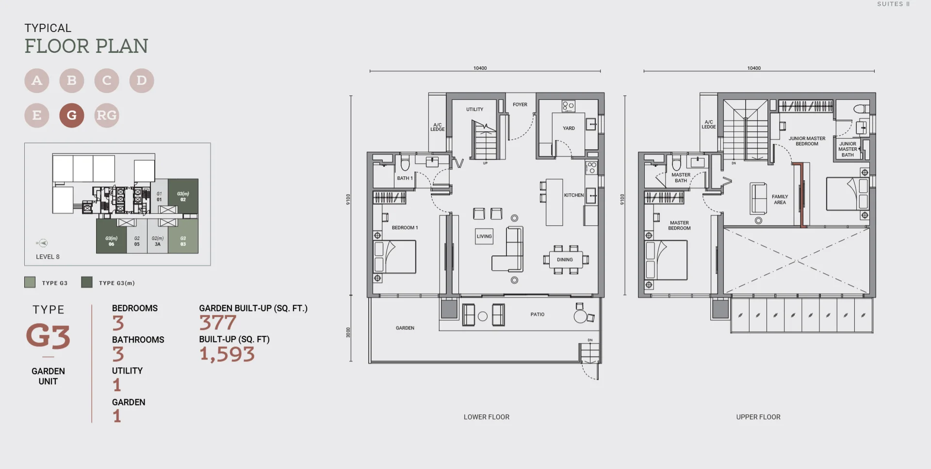 Enlace Suites II floor plan Type G3, 1,593 sq ft, 3 bed garden duplex