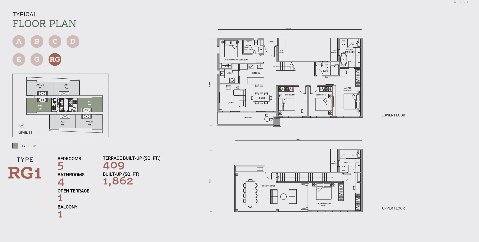 Enlace Suites II floor plan Type RG1, 1,862 sq ft, 5 bed roof-garden duplex